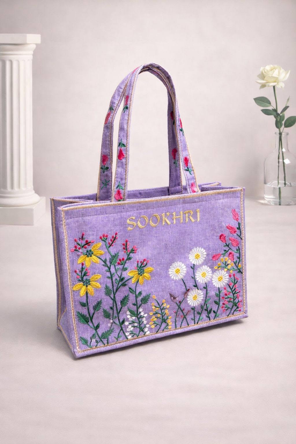 Traditional Embroidered Jute Bag Sookhri Floral Print Vintage Bag For Ladies Girls Elegant Fashionable Bag Multi Color