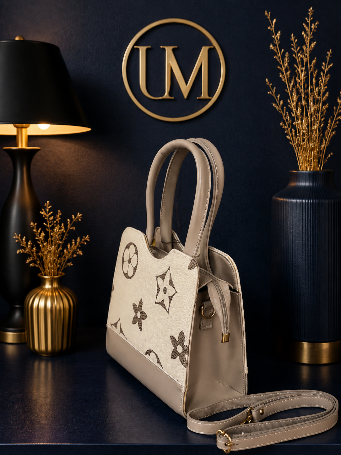 Elegant Beige Floral Print Handbag for Women | Stylish Top Handle &amp; Crossbody Shoulder Bag