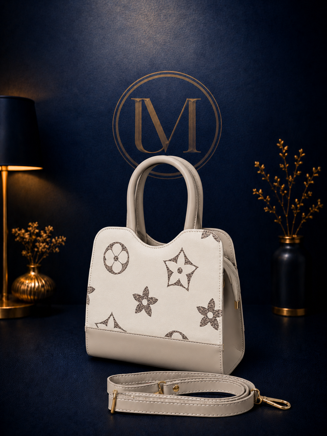 Elegant Beige Floral Print Handbag for Women | Stylish Top Handle &amp; Crossbody Shoulder Bag