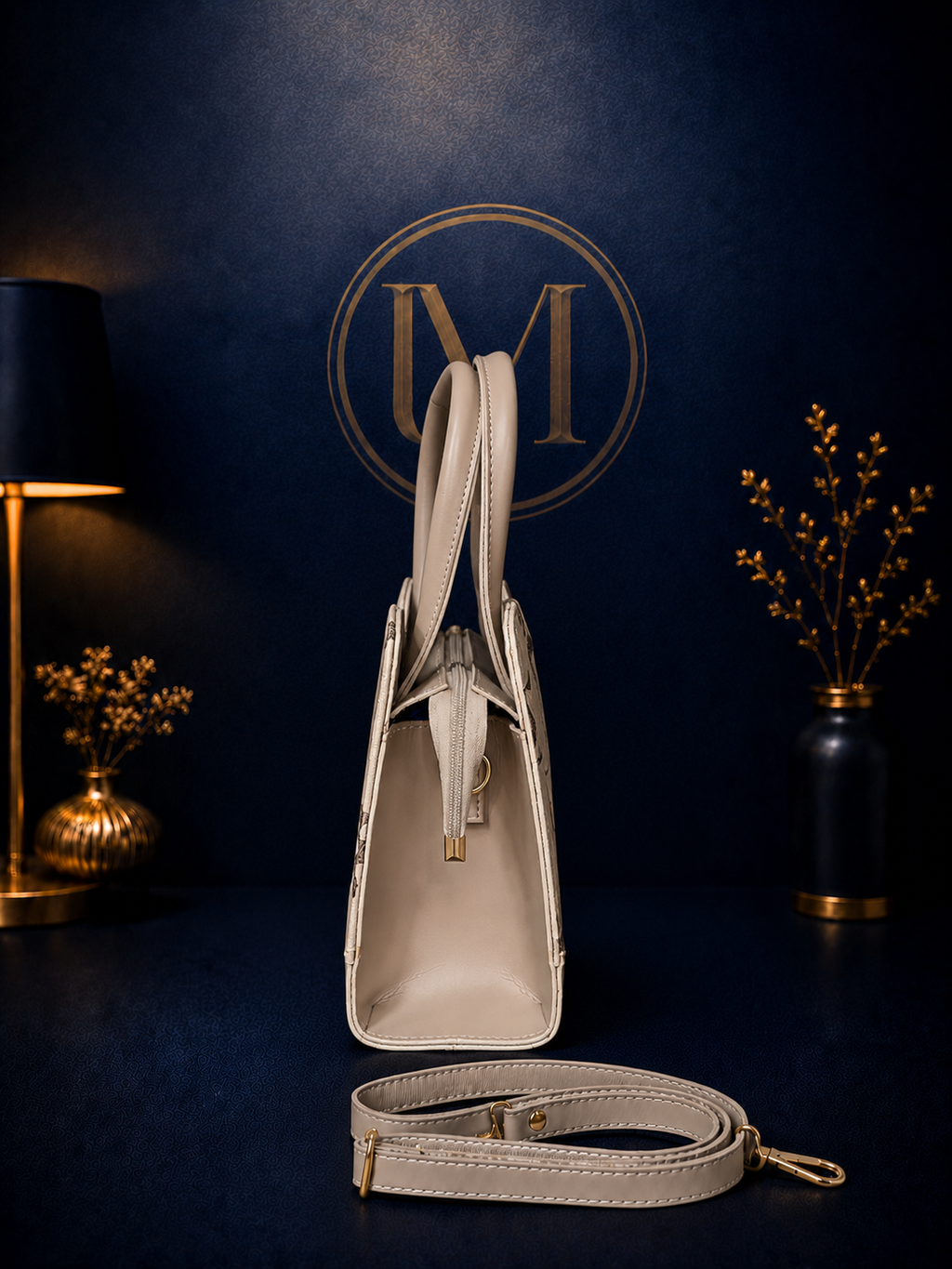 Elegant Beige Floral Print Handbag for Women | Stylish Top Handle &amp; Crossbody Shoulder Bag