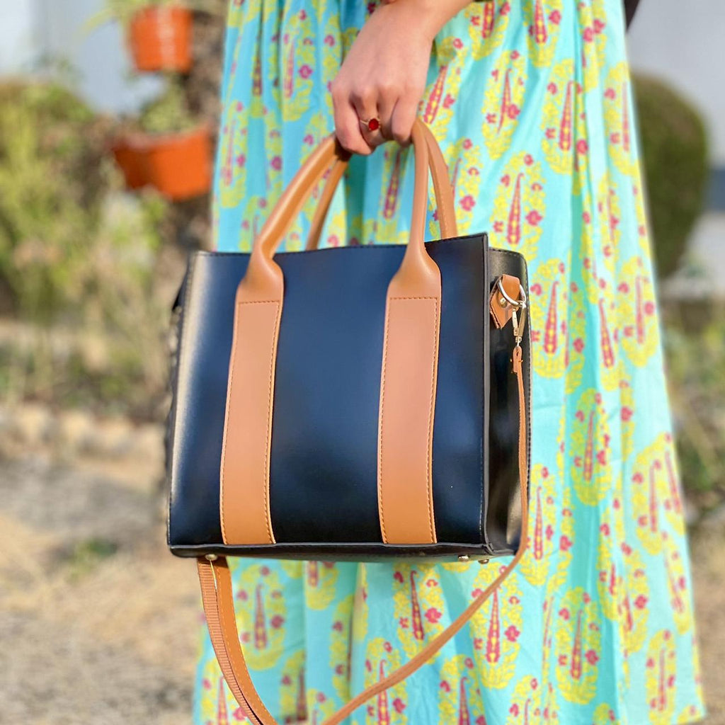 🖤 Elegant Black &amp; Tan Structured Tote Bag for Women
