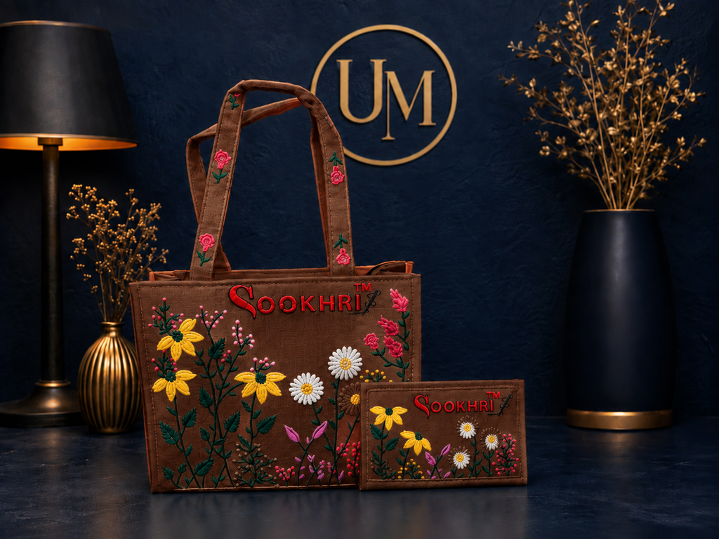 traditional embroidered jute tote bag and matching wallet set from the brand Sookhri featuring floral embroidery The tote bag