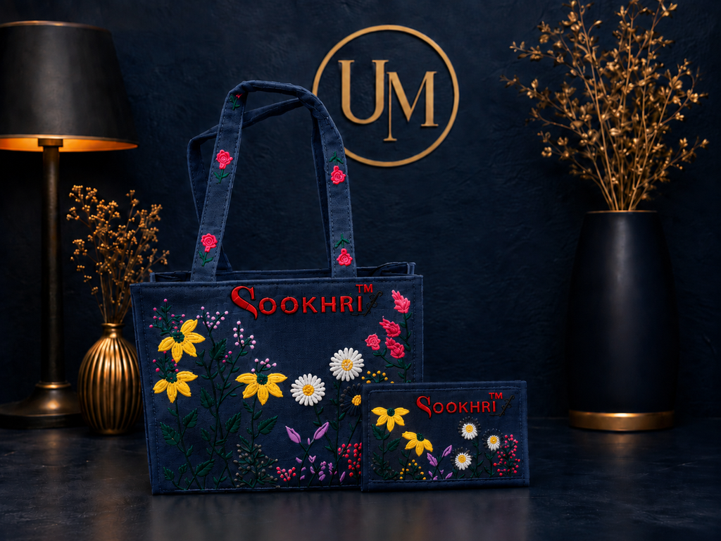 traditional embroidered jute tote bag and matching wallet set from the brand Sookhri featuring floral embroidery The tote bag