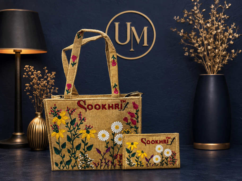 traditional embroidered jute tote bag and matching wallet set from the brand Sookhri featuring floral embroidery The tote bag